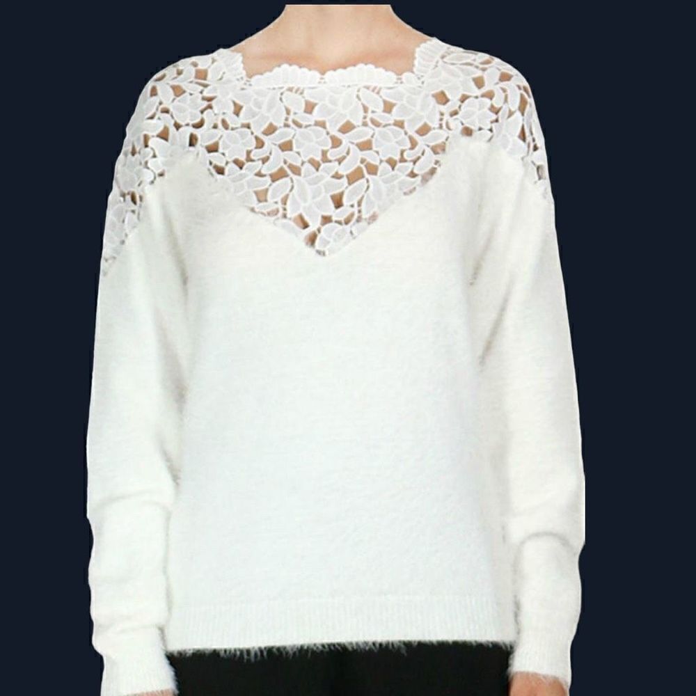 Vintage Endless Rose Fuzzy Sweater Off White size S embellished lace neckline